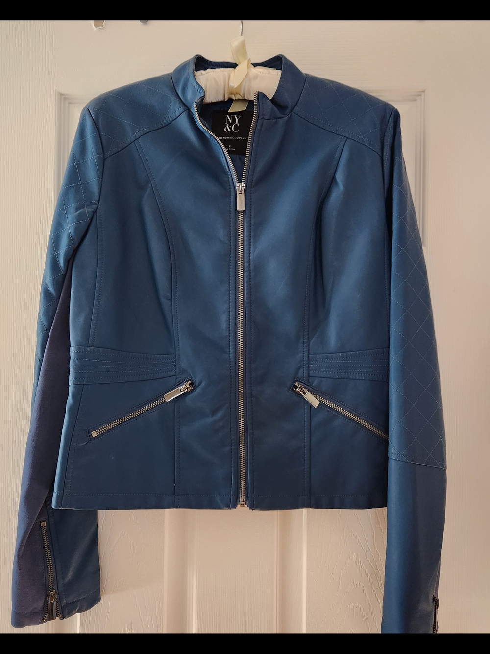 New York & Company Teal-Blue Zip Front Faux Leather Jacket
